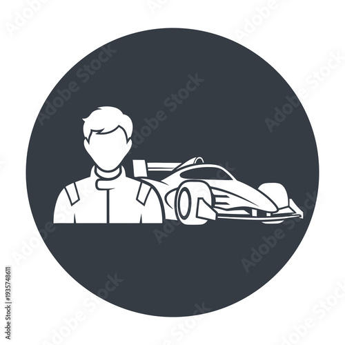 Determined driver in racing suit confidently leans against a high performance single seater car showcasing speed and precision in a sleek minimalist graphic design