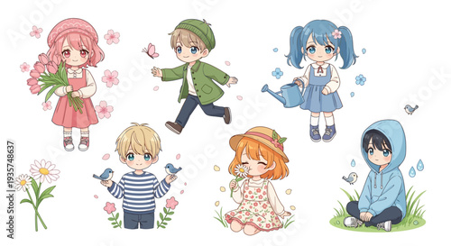 Cute cartoon children enjoying springtime with flowers and birds