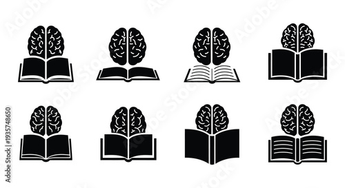 Black and white icons depicting brains reading open books repeated pattern