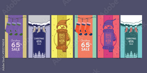 Set of christmas big sale 65% off vector illustration banners with snowmen and socks