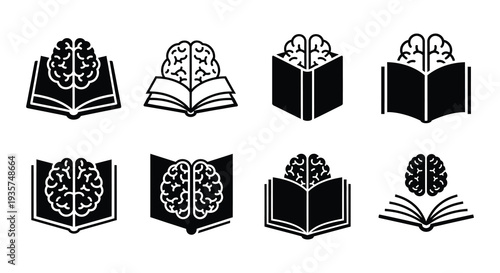 Black and white icons depicting brains reading open books repeated pattern