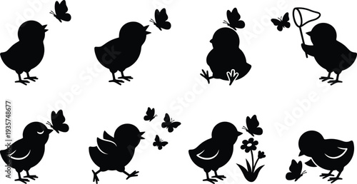 Playful silhouette illustrations of birds interacting with butterflies in various poses and actions