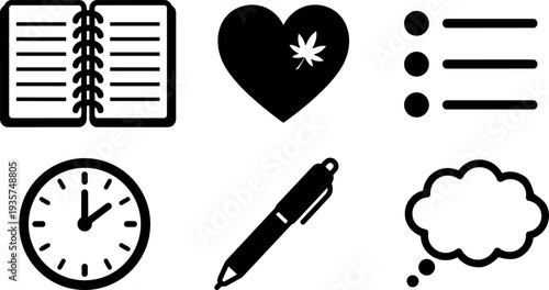 Flat design study and planning icon set with spiral notebook heart leaf clock pen list thought bubble minimalist black vector