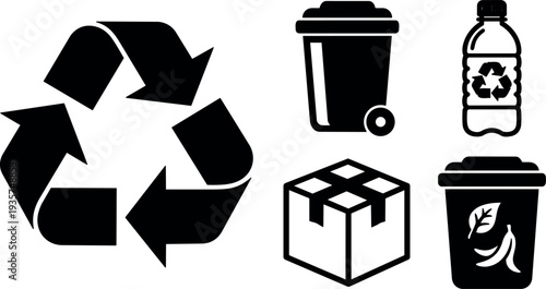 Flat design recycling icons set with recycle symbol trash bins bottle box compost bin black silhouettes simple layout vector collection