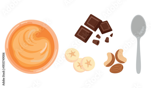 Smoothie bowl with peanut butter, chocolate, banana, nuts, and spoon