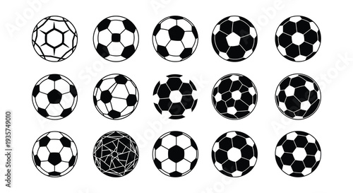 Collection of black and white soccer balls in various designs
