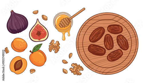 Assorted fruits and honey with walnuts and dates on wooden platter
