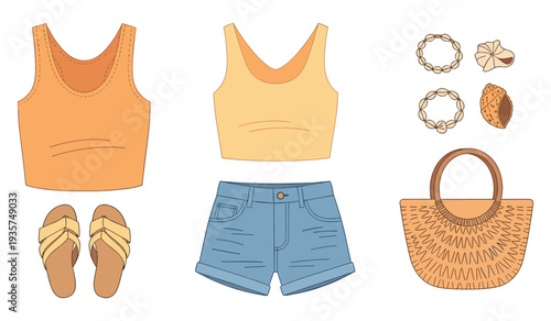 Trendy summer outfit and accessories with tops, shorts, sandals, bag, earrings