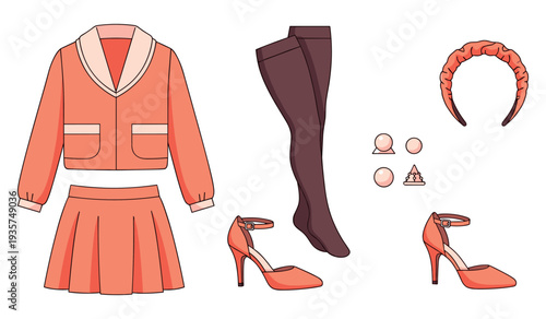 Peach outfit set with shoes, headband, and accessories