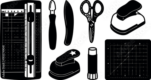 Flat design overhead craft tools set with paper cutter scissors punch glue stick and cutting mat black isolated top view