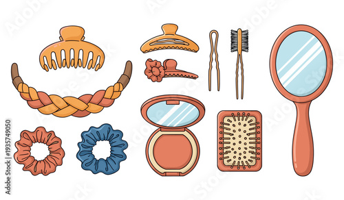 Colorful hair accessories and tools collection with mirror and clips