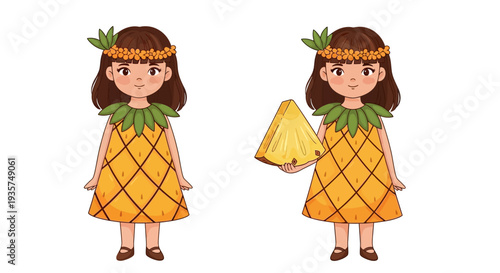 Cartoon girl in pineapple costume with fruit crown