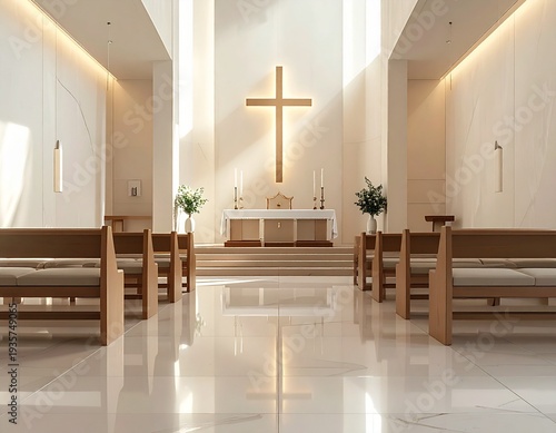 Sunlit church altar with wooden cross and candles serene worship interior