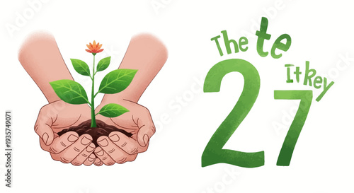 Hands holding growing plant with green leaves and flower