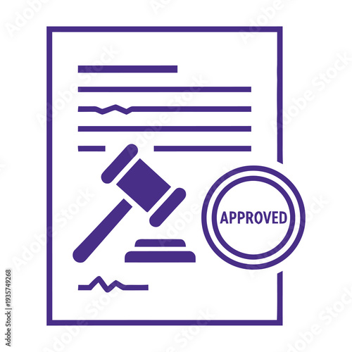 Official document featuring a judicial gavel striking a lined paper surface with a bold purple stamp seal reading approved for legal validation and compliance