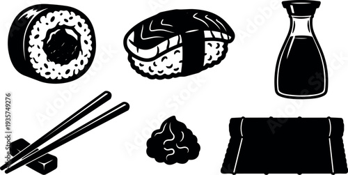 Flat design top view sushi set with maki roll nigiri chopsticks soy sauce wasabi and bamboo mat isolated on white