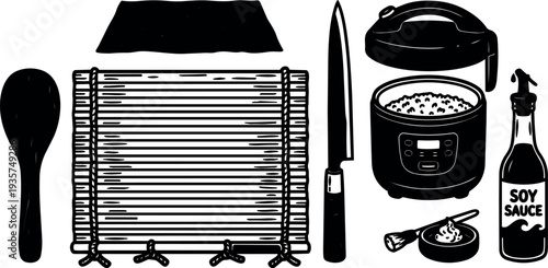 Line art vector sushi kit overhead composition bamboo mat nori sheet rice paddle knife rice cooker soy sauce wasabi brush