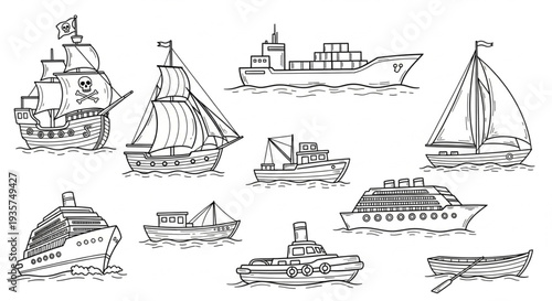 Collection of Various Ships and Boats Hand Drawn Sketch Style.