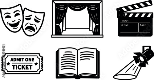 Flat design theater icon set showing comedy and tragedy masks stage curtain clapperboard ticket open book spotlight minimalist black