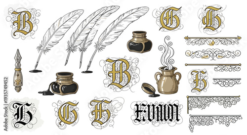 Medieval Calligraphy Flourishes and Scribe Quill Pen Vector Elements