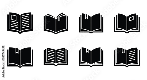 Collection of black silhouette icons depicting open books in various styles