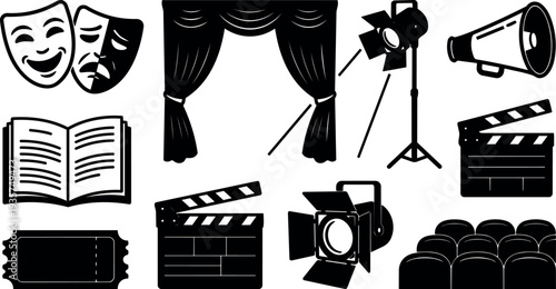 Flat design vector theater icons stage curtain film clapperboard spotlight camera seats ticket book comedy tragedy masks megaphone studio light