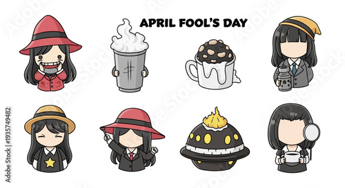Cute April Fool's Day cartoon characters and prank coffee