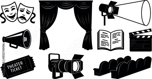 Theater icon set vector flat design stage curtain masks camera lighting clapperboard ticket open script auditorium seats megaphone spotlight closeup