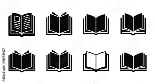 Collection of black silhouette icons depicting open books in various styles