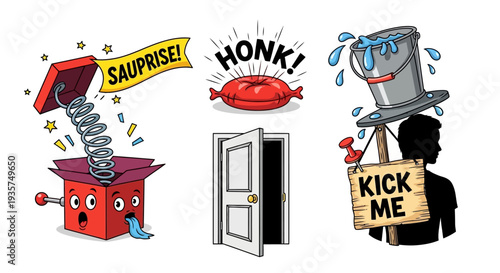 Funny prank cartoon illustrations for humorous projects and presentations