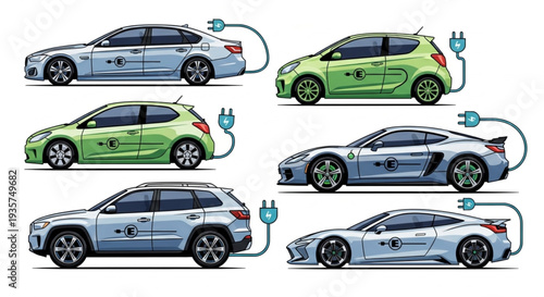 Electric Cars Charging Different Models Vehicle Types.