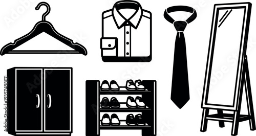 Flat design black wardrobe and clothing icons set showing hanger shirt tie shoe rack mirror isolated vector art clean layout