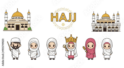 Vibrant Hajj pilgrimage illustrations with mosque and people