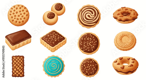 Assorted delicious cookies and pastries on white background
