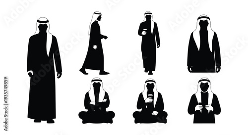 Silhouettes of arab men wearing traditional headdress and clothing