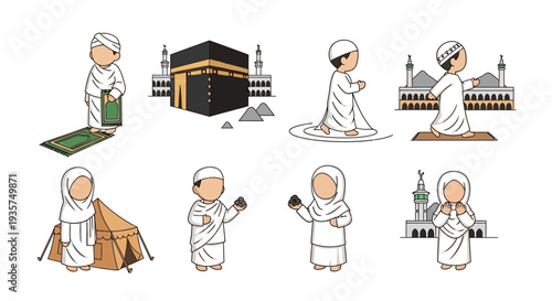 Muslim family in traditional clothing performing Hajj pilgrimage rituals