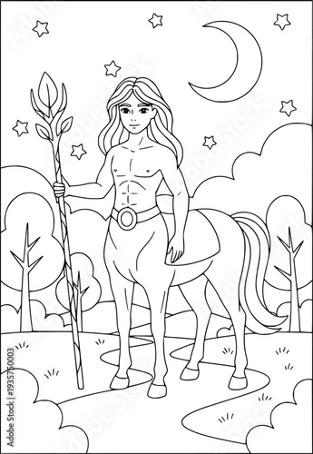 Mythology coloring page with a young centaur holding a staff in a night forest