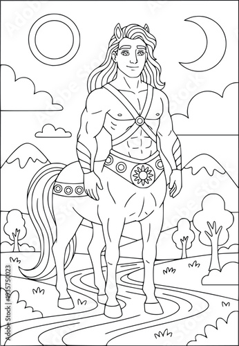 Mythology coloring page with a strong muscular centaur on a winding path