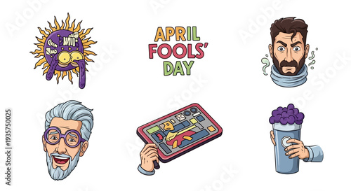Playful April Fools' Day illustrations with humorous characters