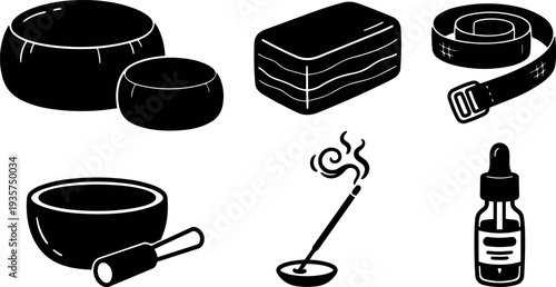 Minimalist icon set of meditation singing bowl mallet incense stick essential oil soap yoga strap wellness tools flat silhouette black