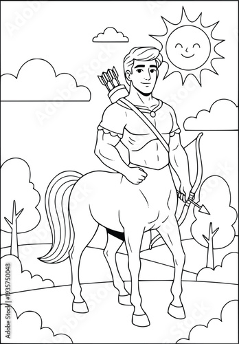  Mythology coloring page with a young centaur archer in a sunny forest field