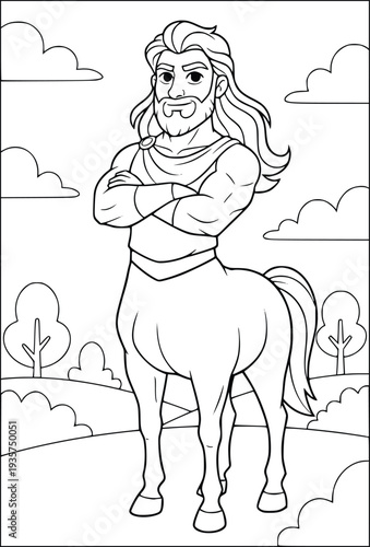 Centaur coloring page with a strong bearded mythological hero in nature