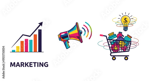 Vibrant marketing concept with growth chart, megaphone, and shopping cart