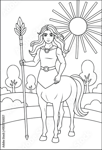 Mythology coloring page with a brave centaur holding a staff in the sunny woods