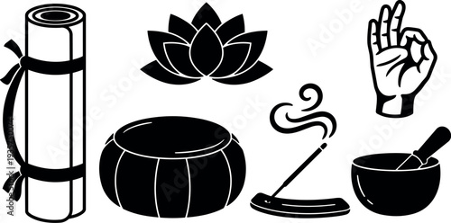 Flat design yoga meditation icon set rolled mat cushion lotus incense singing bowl ok hand gesture simple black silhouettes collection