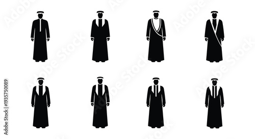 Silhouettes of arab men in traditional clothing various poses