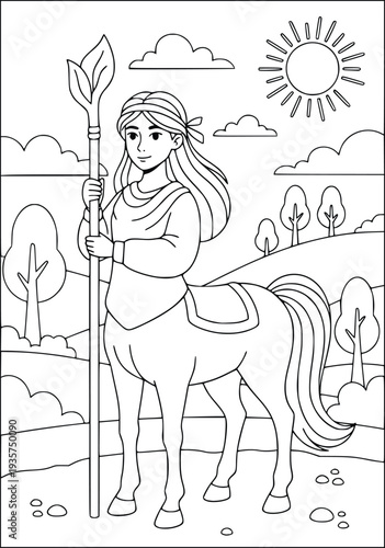 Mythology coloring page for kids shows a female centaur hero holding a staff