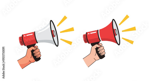 Hands holding red and white megaphones with yellow sound waves