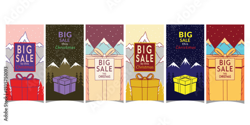 Set of big sale this christmas vector illustration banners with gift boxes and mountains