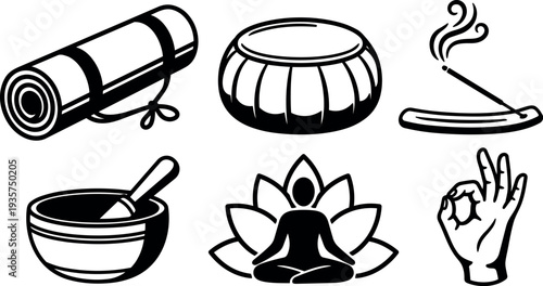 Minimalist icon yoga meditation props mat singing bowl incense mortar and pestle lotus pose hand gesture black line vector illustration
